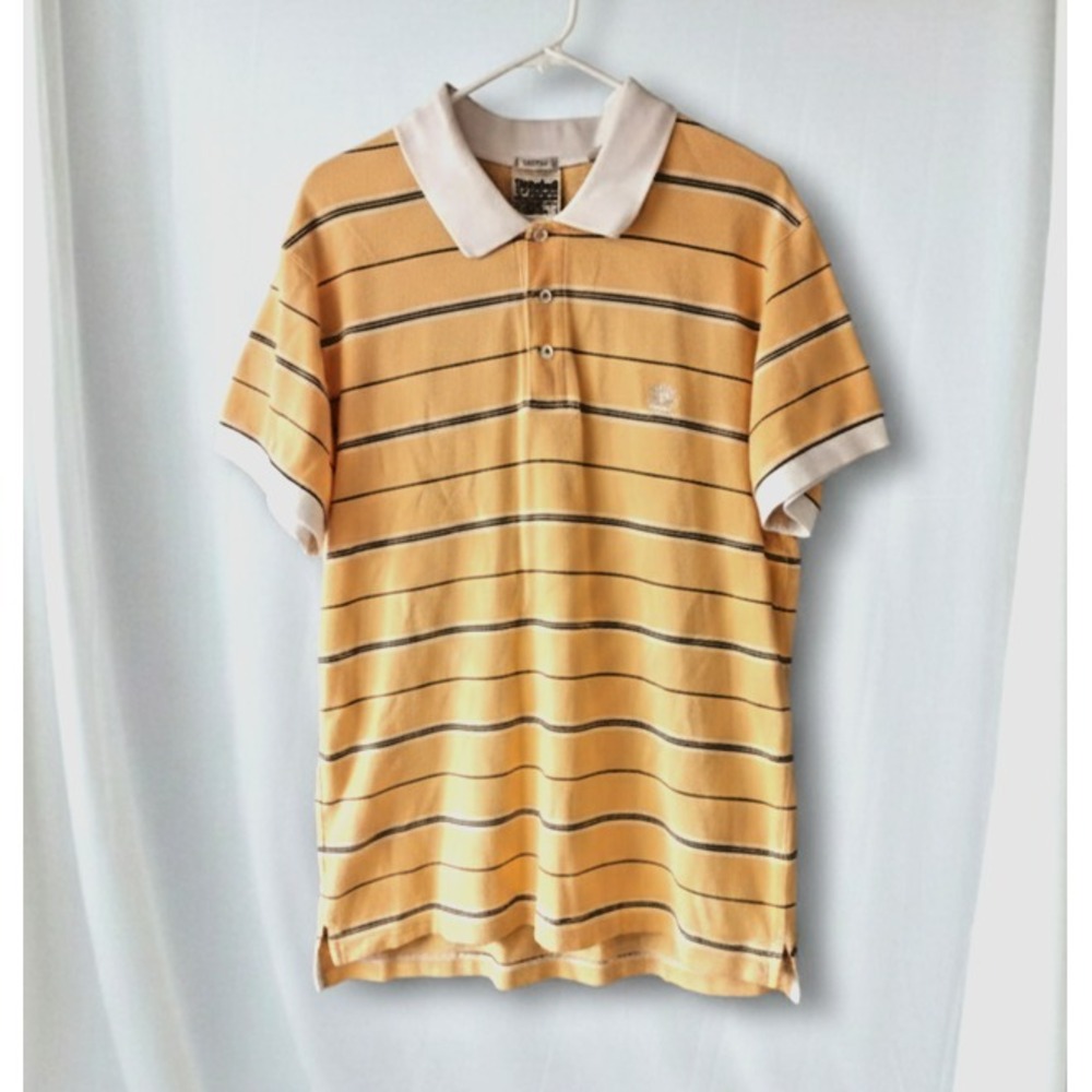 Timberland Polo Shirt Mens XXL Yellow Gray Striped Classic Fit Short Sleeve‎